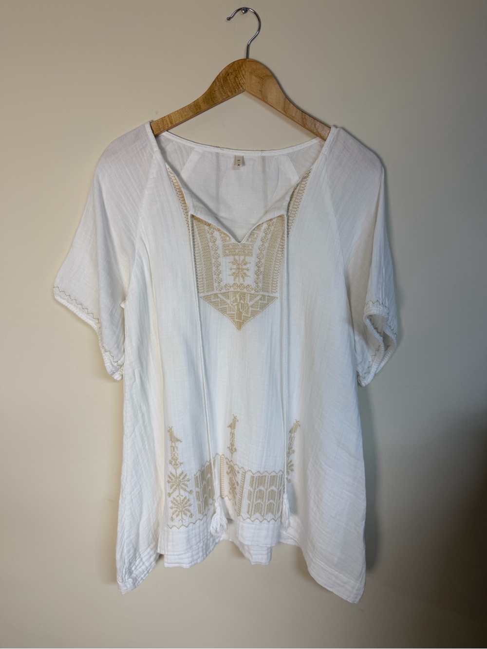 Bohemian-style white cotton peasant mini dress